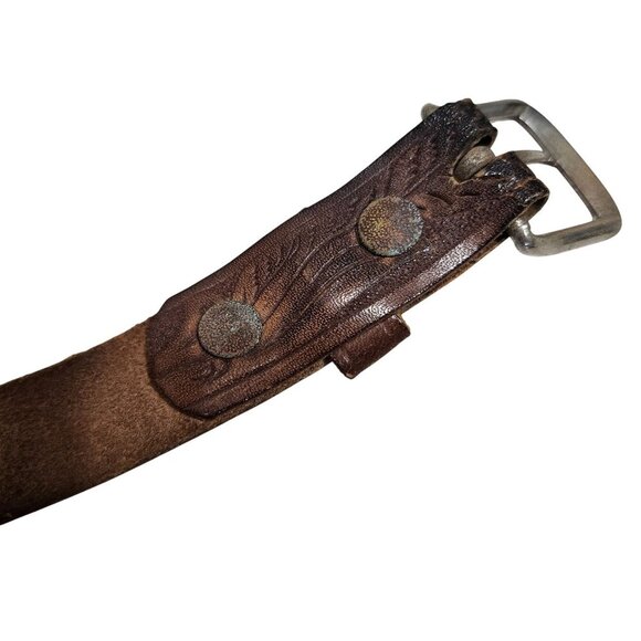 Vintage Tooled Steerhide Leather Belt With Beaded Design Metal Buckle 32" - Picture 5 of 7